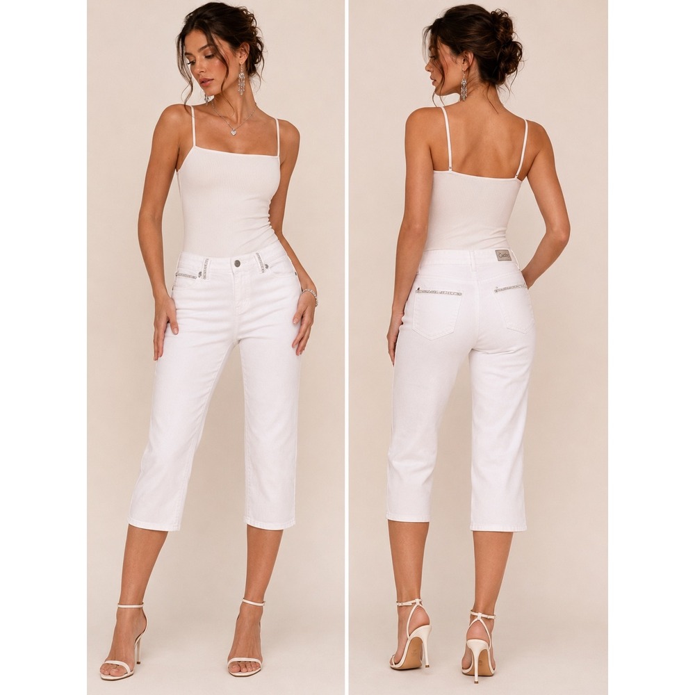 Cache Cropped Jeans Women 8 White Vintage Y2K Rhinestone Embellished Statement